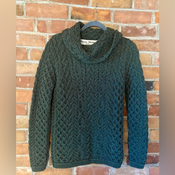 Aran Crafts Sweaters - ARAN MOR IRELAND 100% merino wool cableknit chunky turtleneck sweater dark green